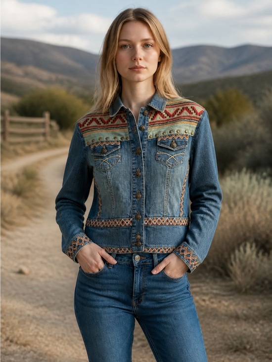 Coldwater Creek Jackets & Blazers - Coldwater Creek Embroidered Denim Jacket L Boho Western Aztec Studded Jean Coat